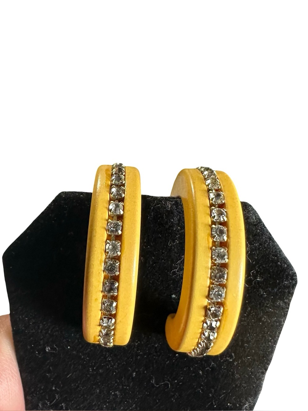 Vtg Bakelite Chunky Butterscotch Rhinestone Hoop Clip On Earrings Simichrome 15g